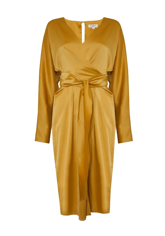 Jovonna Toma Satin Wrap Midi Dress, Yellow Soft Midi Skirt