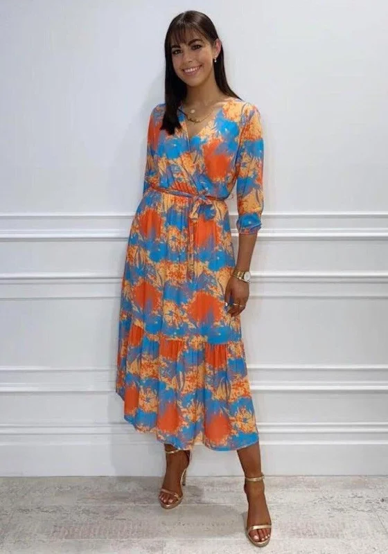 Kate & Pippa Boho Printed Midi Wrap Dress, Orange & Blue Silk Midi Skirt