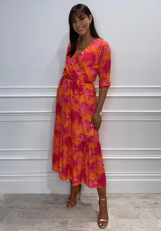 Kate & Pippa Boho Printed Midi Wrap Dress, Pink & Orange Floral A-line Skirt