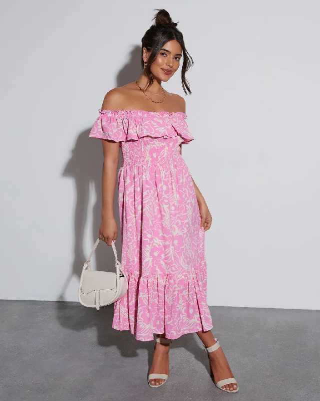 Levana Printed Off The Shoulder Midi Dress Floral Midi Skirt