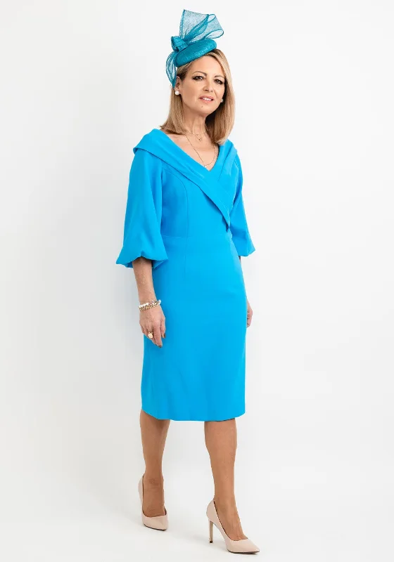 Lizabella Bishop Sleeve Midi Dress, Blue Elegant Satin Skirt