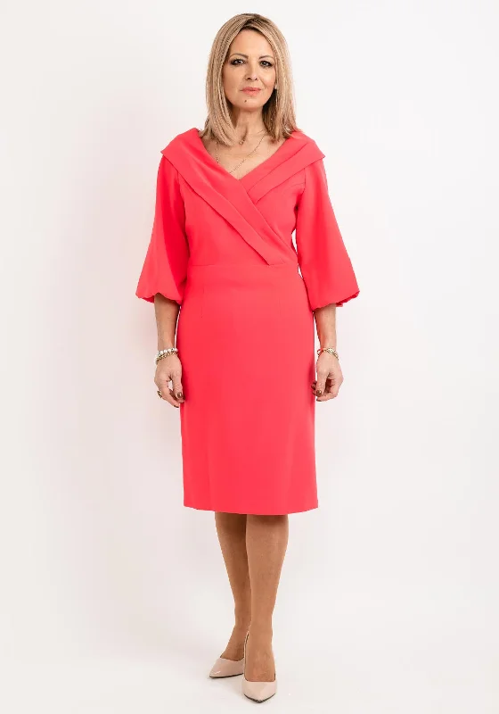 Lizabella Bishop Sleeve Midi Dress, Coral Elegant A-line Skirt