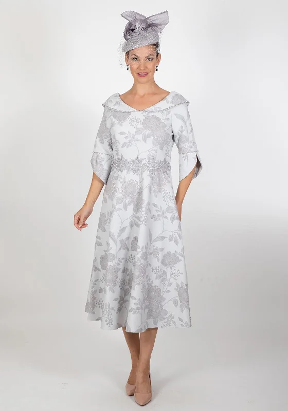 Lizabella Peony Rose Embossed Flared Midi Dress, Silver Elegant Midi Look