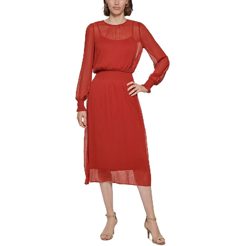 Womens Chiffon Smocked Midi Dress Casual Midi Outfit