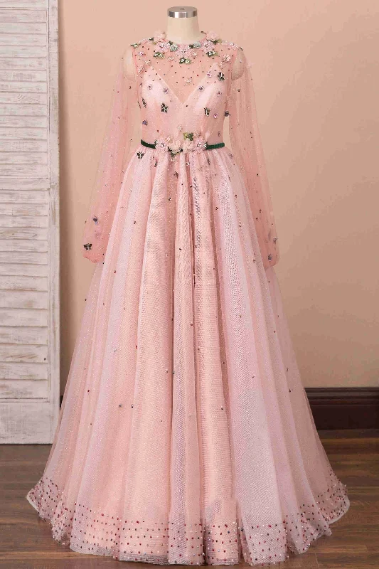 A-Line Peach Pink Illusion Neck Beaded Tulle Prom Dress Tulle Party Gown