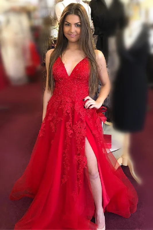 A-line V Neck Red Tulle Applique Long Prom Dress with Slit Tulle Dress Chic