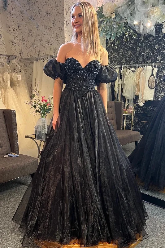 Black A-line Puff Off-the-Shoulder Beaded Tulle Long Prom Dress Boho Tulle Dress