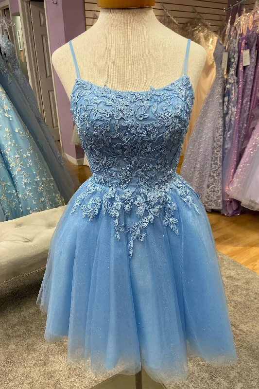 Blue Appliques Straps A-line Tulle Homecoming Dress A-line Tulle Gown