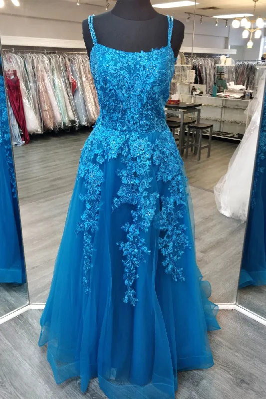 Blue Double Straps Appliques Tulle Long Prom Dress White Tulle Dress