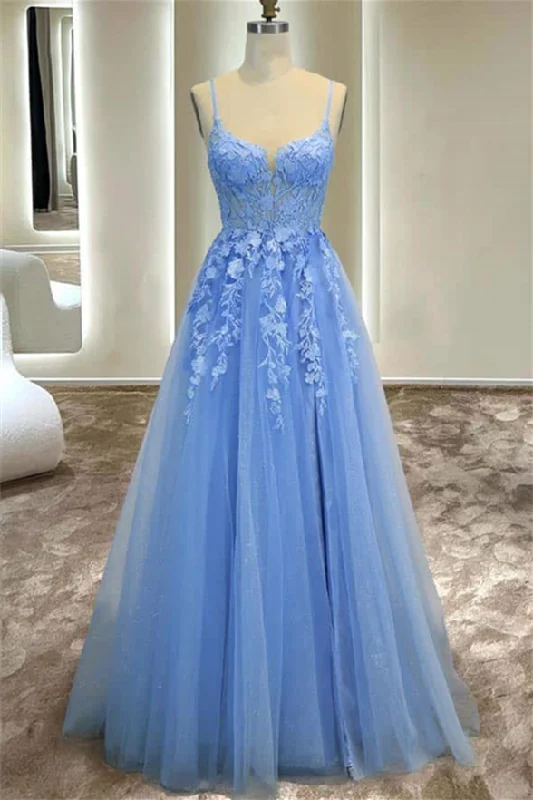 Blue Straps Appliques Tulle A-line Long Prom Dress with Slit Sexy Tulle Dress