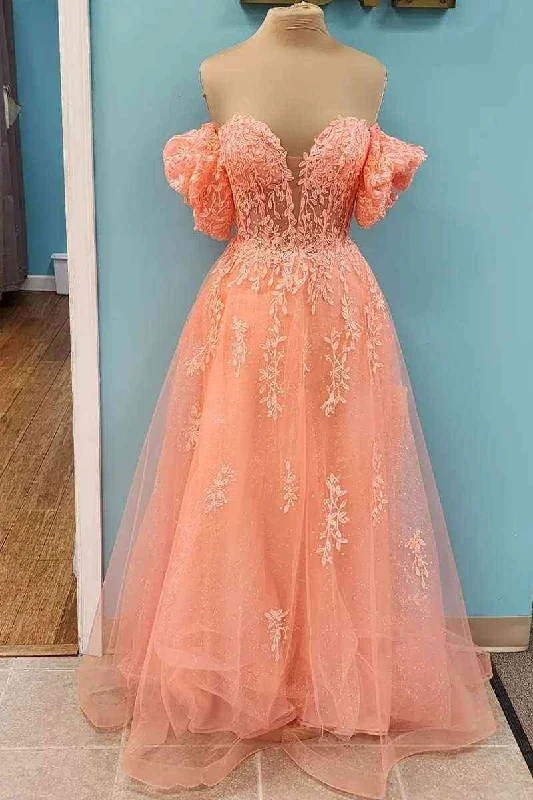 Coral Off-Shoulder V Neck A-line Tulle Applique Lace-Up Back Long Prom Dress Tulle Bodycon Dress