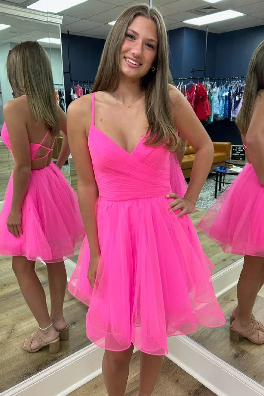 Criss Cross Back Hot Pink Straps A-Line Tulle Homecoming Dress Tulle Party Dress