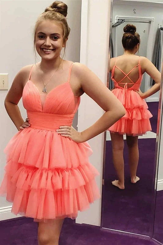 Cute Coral Straps Tiered Tulle Homecoming Dress Romantic Tulle Dress