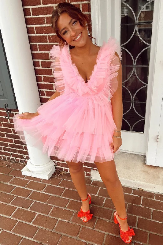 Cute Pink Ruffled Tiered Tulle Short Homecoming Dress Tulle Dress Design