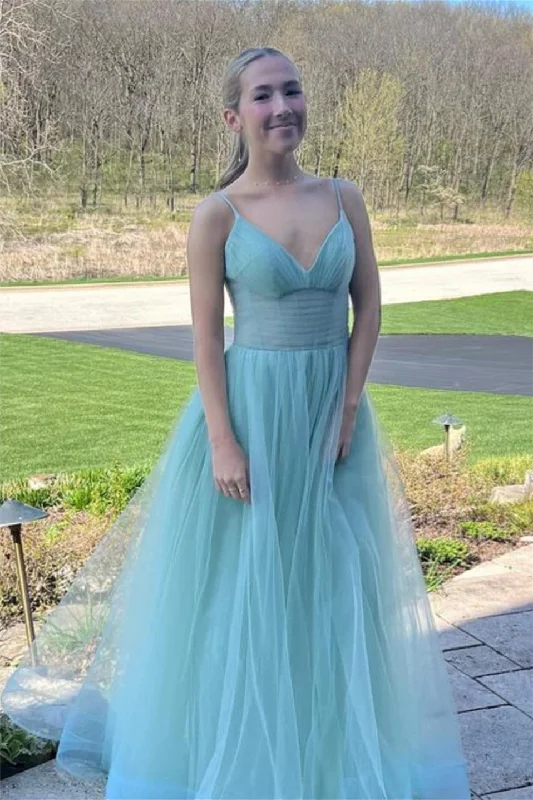 Dusty Sage Tulle Plunging V Straps Long Prom Dress Tulle Dress Outfit