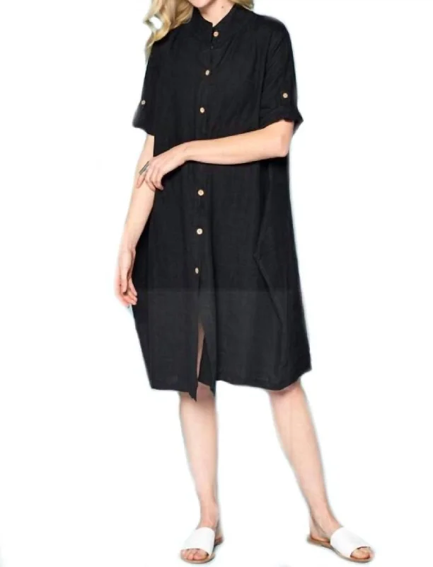 French Linen Long Dress Shirt In Black Formal Shirt Dress