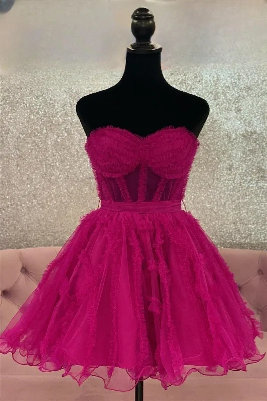 Fuchsia Strapless Ruffles A-line Tulle Homecoming Dress White Lace Tulle