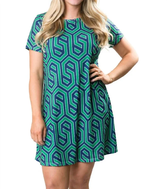 Gia T-Shirt Dress In Green, Navy Geometric Wrap Shirt Dress