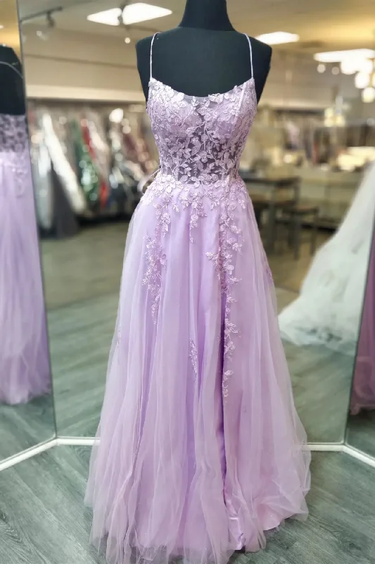 Lilac Appliques Crossed Straps Tulle Long Prom Dress Vintage Tulle Dress