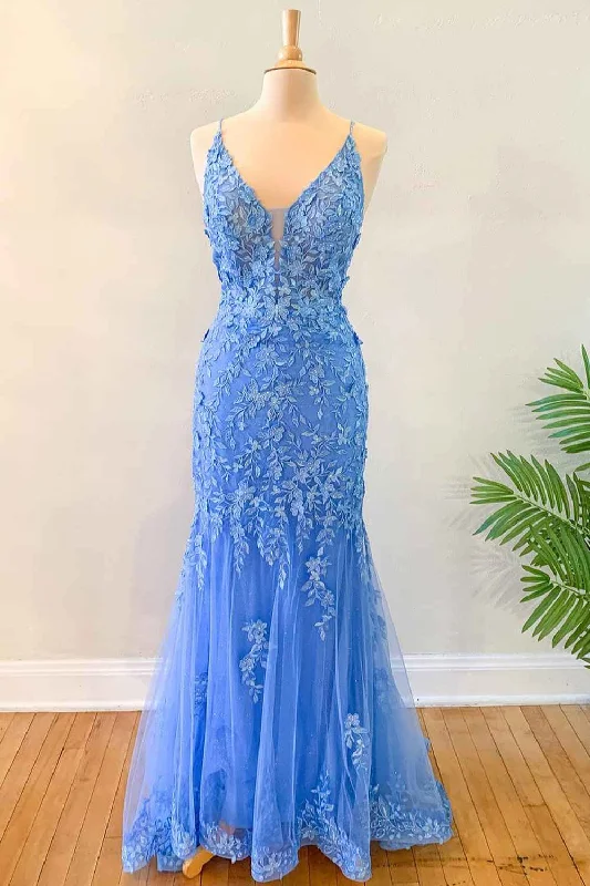 Mermaid Sky Blue Tulle Long Formal Dress with Appliques Tulle Cocktail Dress