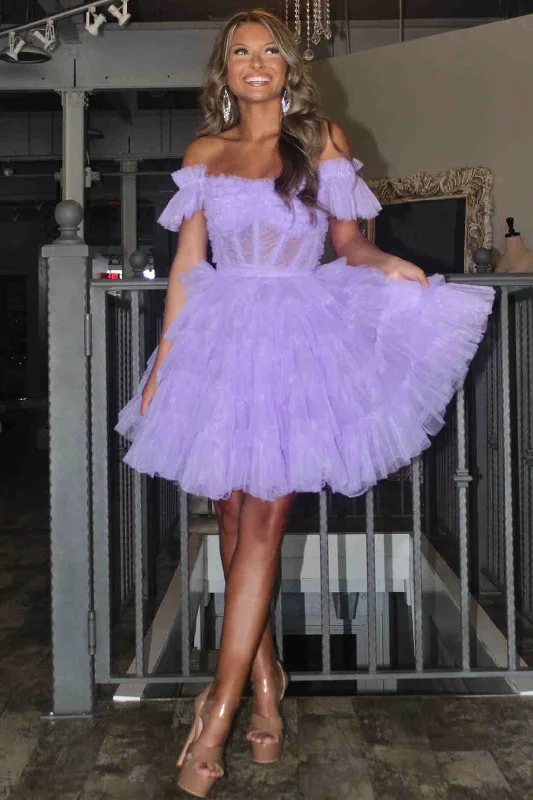 Off the Shoulder Lavender A-Line Ruffle Tulle Homecoming Dress Bohemian Tulle Dress