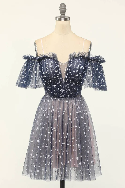 Off the Shoulder Navy Blue Polka Dots Tulle Homecoming Dress Tulle Dress Silhouette