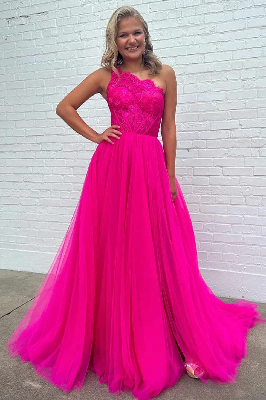 One Shoulder Fuchsia Lace Top A-Line Tulle Prom Dress Glitter Tulle Dress