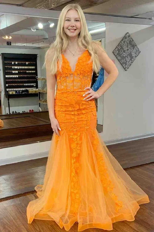 Orange V Neck Mermaid Tulle Applique Backless Long Prom Dress Tulle Wedding Dress