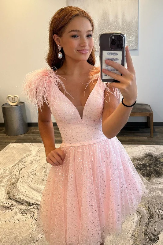 Pink A-line Tulle Deep V Neck Beaded Homecoming Dress with Feathers Glitter Tulle Dress