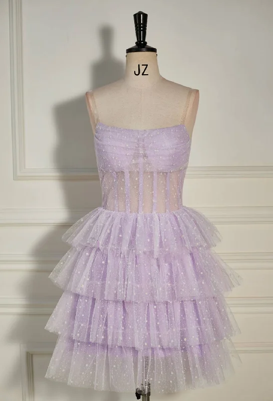 Pleated Lilac Multi-Layers Tulle Homecoming Dress with Polka Dot Tulle Dress Charm