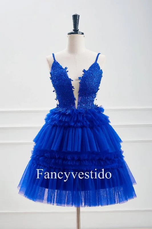 Plunging Neck Royal Blue Beaded Ruffle Tulle Homecoming Dress Soft Tulle Gown