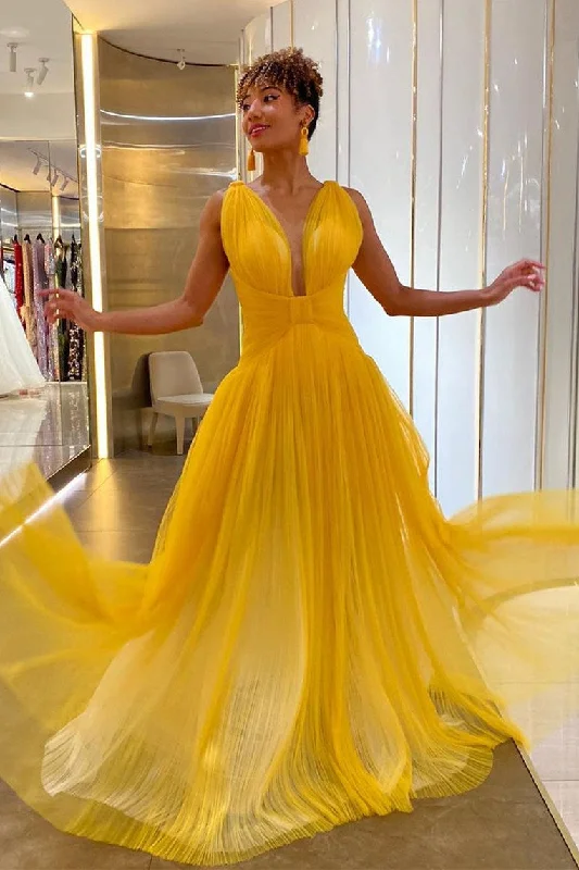 Plunging Neck Yellow Tulle Prom Dress Chic Tulle Dress