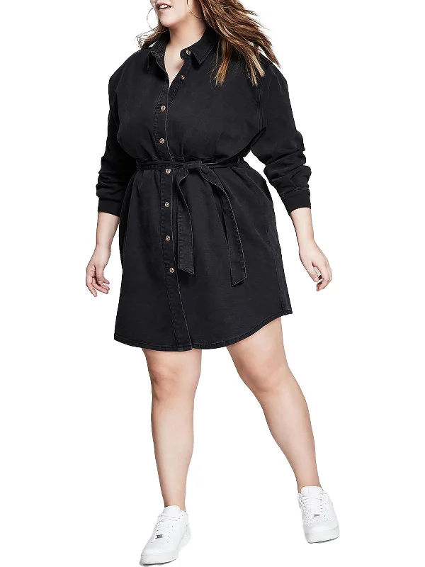 Plus Womens Denim Short Shirtdress Casual Dress Shirt