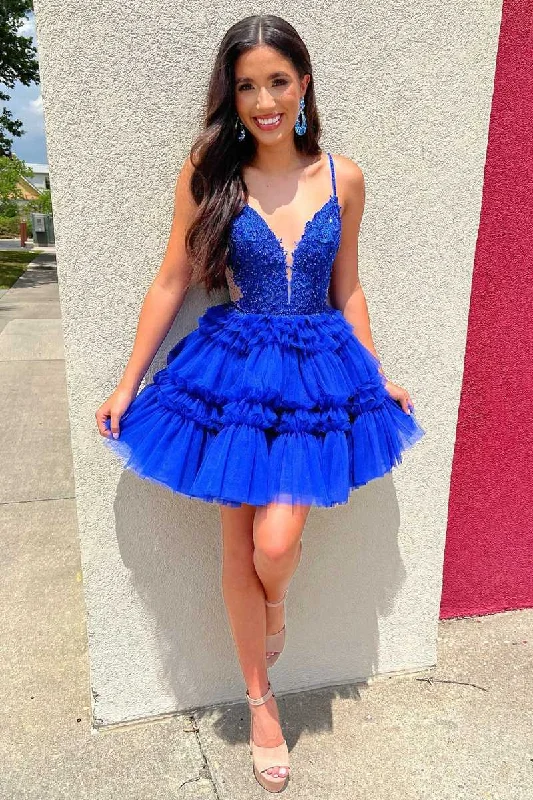 Royal Blue Beaded Lace Corset Ruffle Tulle Homecoming Dress Formal Tulle Dress