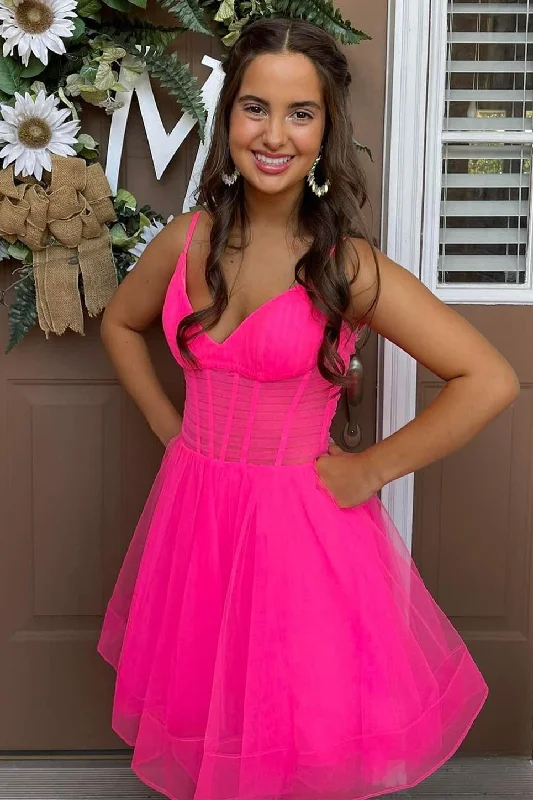 Short A-Line V-Neck Hot Pink Tulle Homecoming Dress Tulle Dress Soft