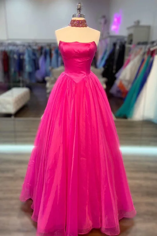 Simple Hot Pink Strapless Tulle Prom Dress with Pockets Soft Tulle Dress