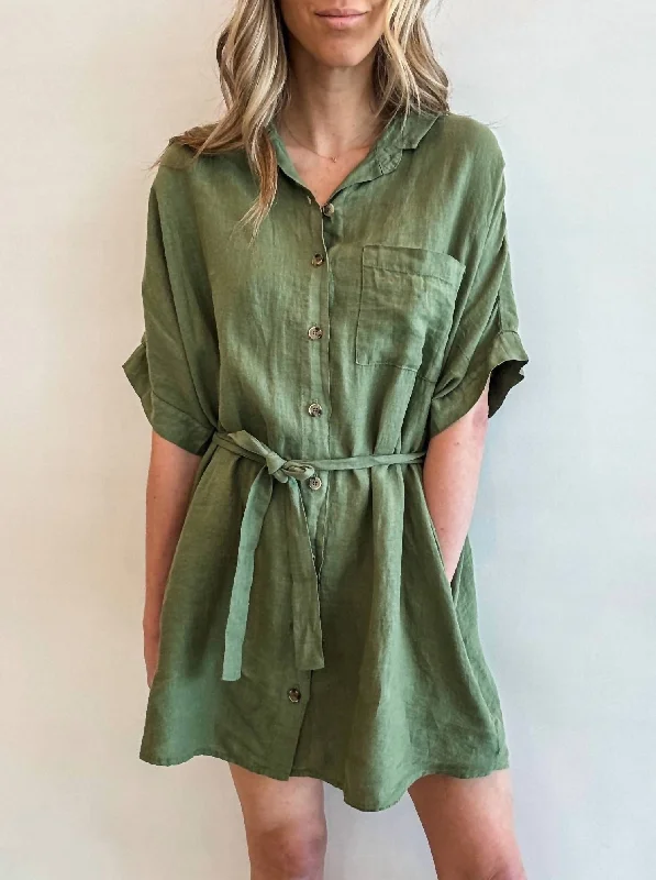 Stevie Linen Shirt Dress In Basil Loose Shirt Dress