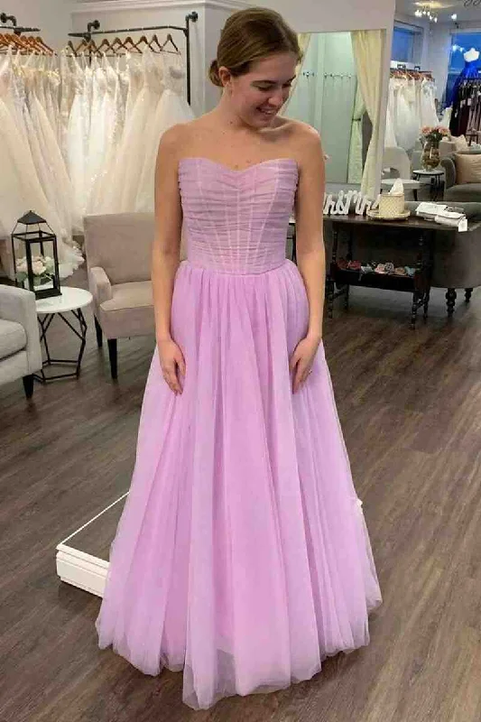 Strapless Lilac Pleated Top Tulle Long Prom Dress Romantic Tulle Dress