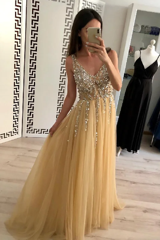 Straps Beading Long Tulle Gold Prom Dress with Open Back Tulle Dress Dream