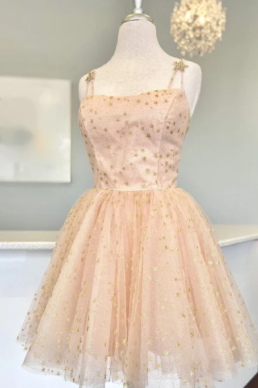 Straps Pink A-Line Tulle Homecoming Dress with Gold Stars Romantic Tulle Gown