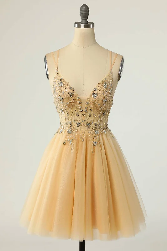 Straps Yellow Beaded Tulle Short Homecoming Dress Tulle Dress Flow