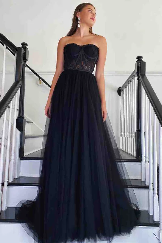 Sweetheart Black Corset Lace Tulle Long Prom Dress Party Tulle Dress