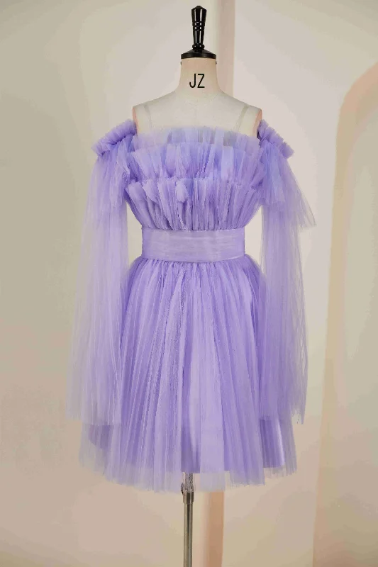 Tiered Strapless Lavender Tulle Homecoming Dress with Removable Sleeves Full Tulle Dress