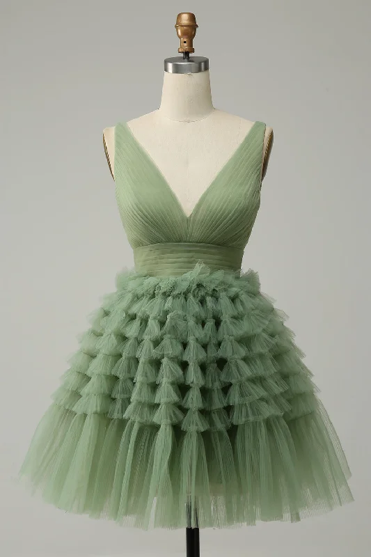 V-Neck Dusty Green Multi-Layers Tulle Short Homecoming Dress Tulle Lace Gown