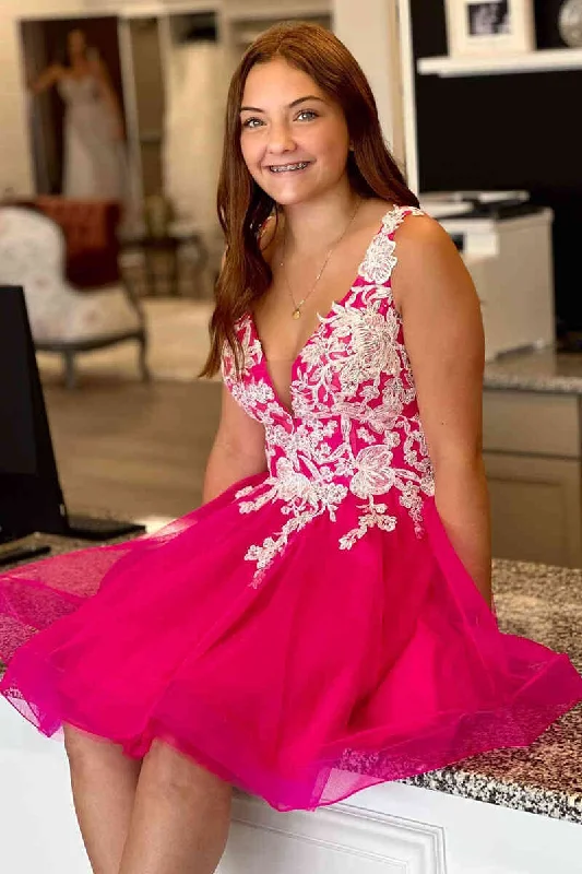 V-Neck Hot Pink Tulle Homecoming Dress with White Appliques Party Tulle Dress