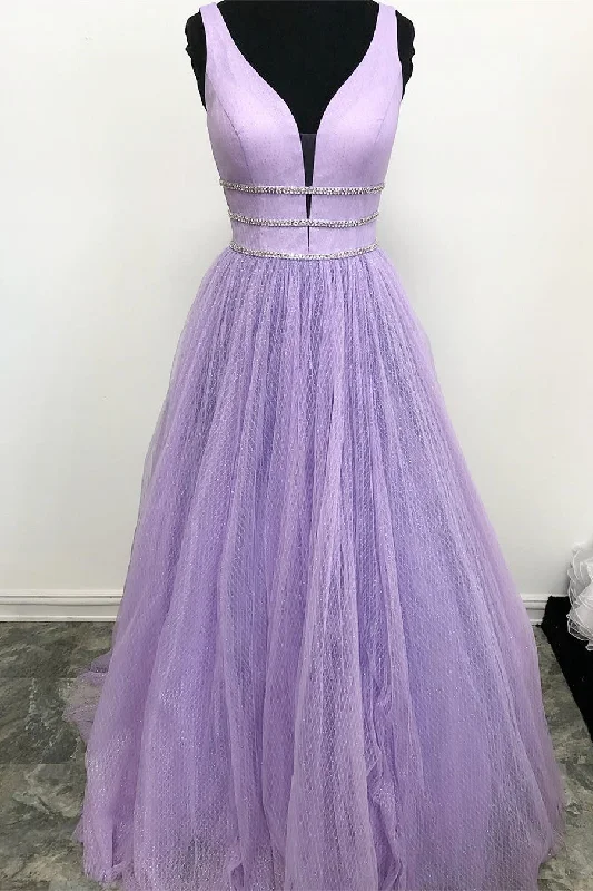 V-Neck Beaded Tulle Lavender Long Prom Dress Sequin Tulle Dress