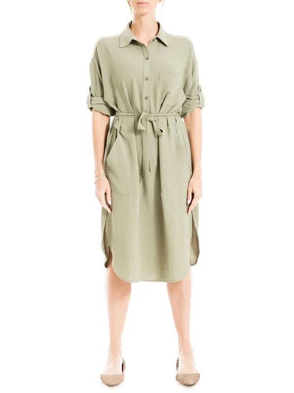 Womens Button-Down Tab Sleeve Shirtdress Soft Cotton Shirt