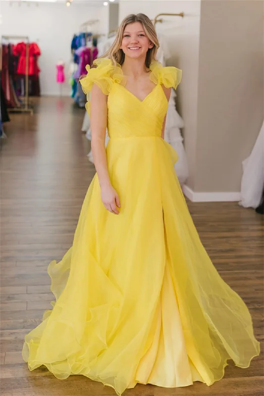 Yellow Surplice Ruffle Straps Tulle Long Prom Dress with Slit Tulle Dress Trend