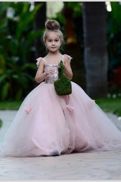 3D Flowers Princess Pink Tulle Flower Girl Dress Pleated Tulle Dress