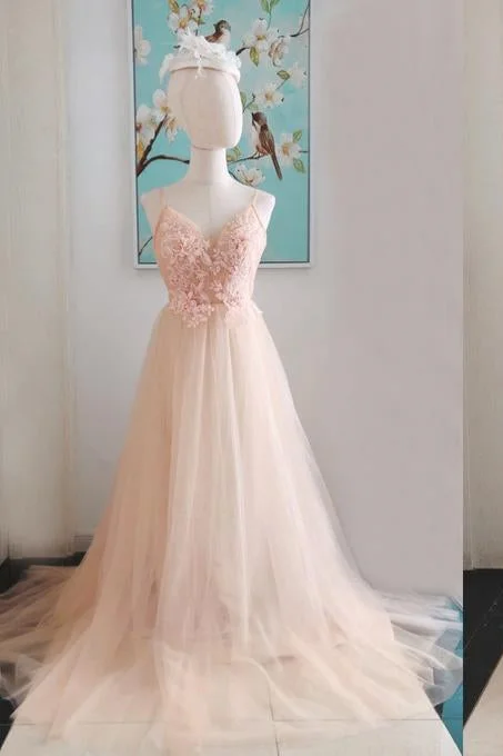 A-Line Lace Appliques Blush Pink Tulle Prom Dress Short Tulle Dress